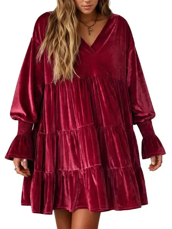 Women's V-neck elegant velvet loose babydoll dress