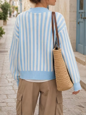Women Striped Scalloped Trim Open Front Knit Cardigan