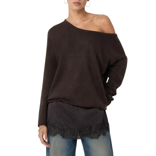 Women's one-shoulder lace-trimmed long-sleeved knit top
