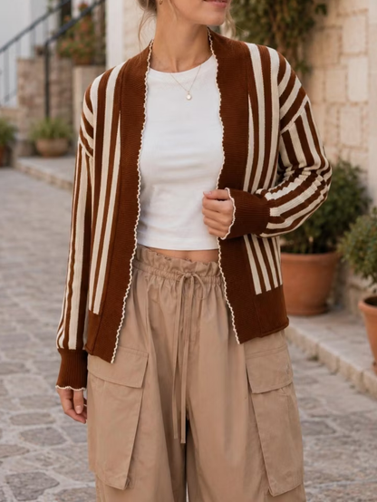 Women Striped Scalloped Trim Open Front Knit Cardigan