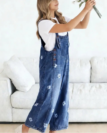 Women Floral Printed Adjustable Strap Denim Bib Overall Wide Leg Jeans Casual Baggy Overalls Jumpsuit