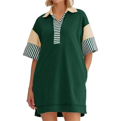 Women's Polo V Neck T Shirt Dress Casual Summer Oversized Color Block Short Sleeve Sweatshirt Mini Dresses