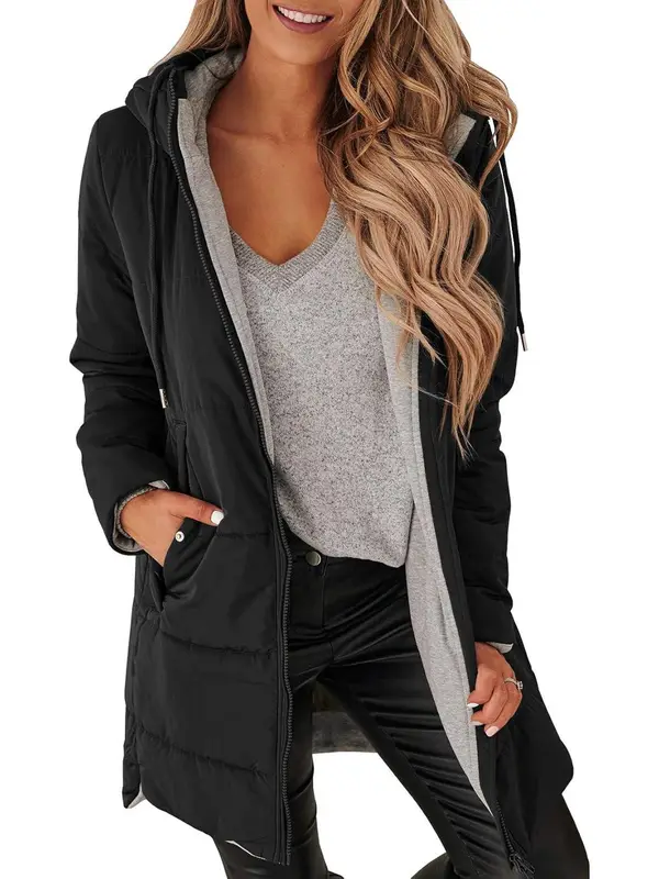 Women Hooded Drawstring Mid Puffer Coat