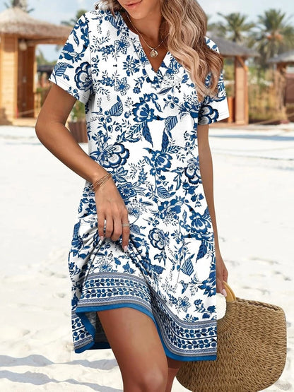 HOT SALE Women's Casual Printed V Neck Short Sleeve Pocket Midi Dress