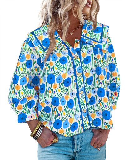 HOT SALE Women's Floral Collared 3/4 Lantern Sleeve Button Down Shirt