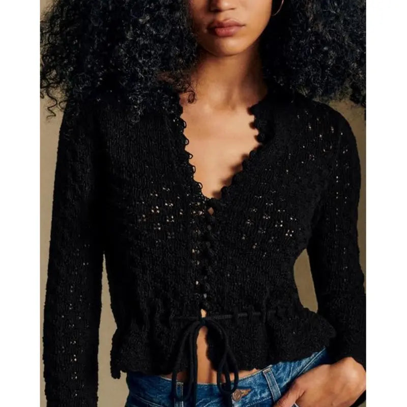 Women's Hollow Out Crochet Cardigan, V Neck Tie Front Long Sleeve Knit Crop Top