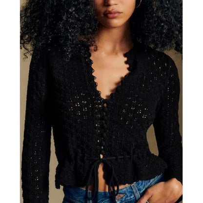 Women's Hollow Out Crochet Cardigan, V Neck Tie Front Long Sleeve Knit Crop Top
