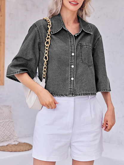 Women's Cropped Oversized Short Sleeve Denim Shirt