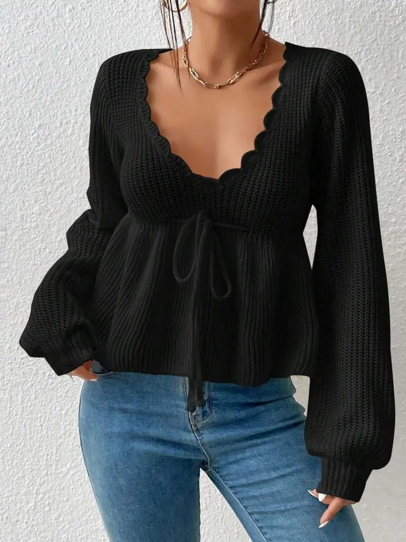 Women's Deep V-Neck Drawstring Tie Front Knit Crop Top, Scallop Trim Bishop Long Sleeve Peplum Sweater