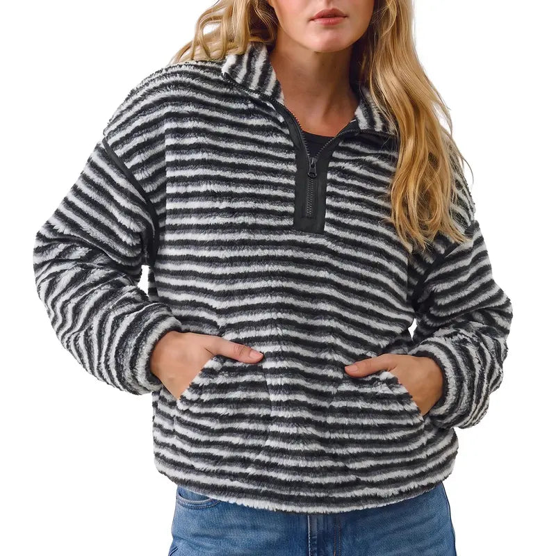 Women's Striped Fleece Pullover, Zip Stand Collar Fuzzy Sweatshirt