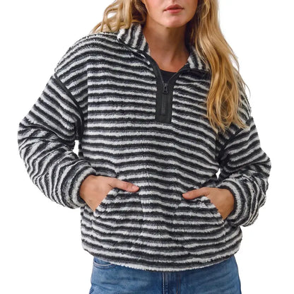 Women's Striped Fleece Pullover, Zip Stand Collar Fuzzy Sweatshirt