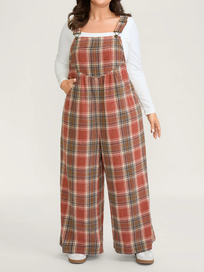 Plaid Flannel Overall Wide-Leg Jumpsuit