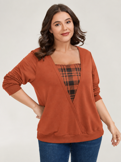 Plaid Spliced Fake Two Piece Square Neck Long Sleeve Top