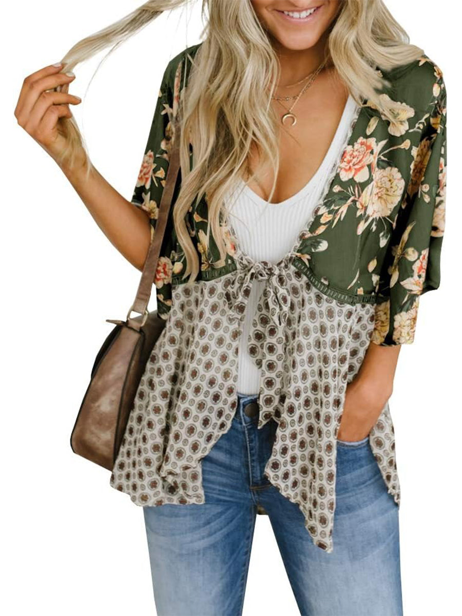 🔥🔥🔥🔥Women's Floral Kimono Ruffle Sleeve Tie Cardigans Flowy Boho Loose Cover Ups