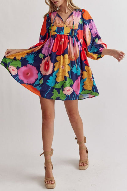 V-neck printed bubble sleeve mini dress