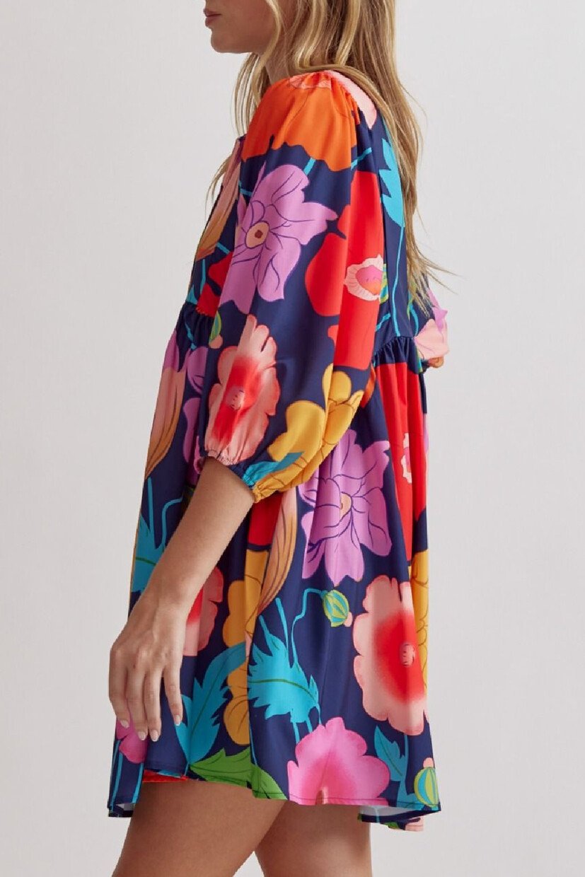 V-neck printed bubble sleeve mini dress