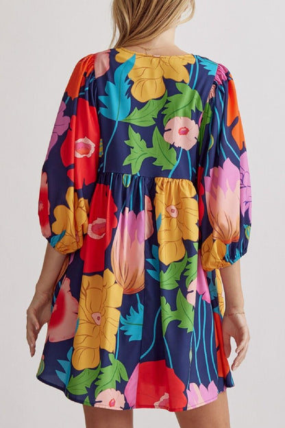 V-neck printed bubble sleeve mini dress