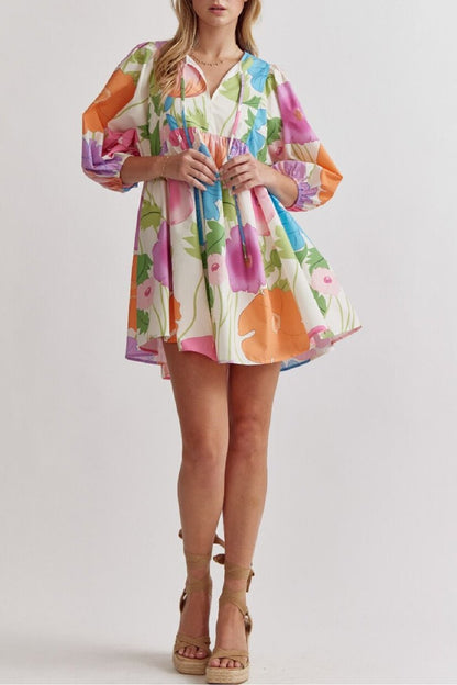 V-neck printed bubble sleeve mini dress