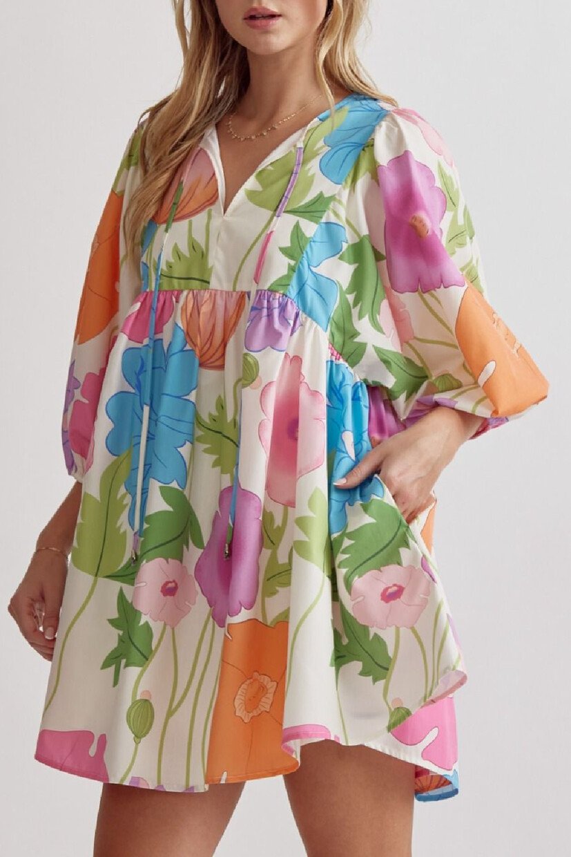 V-neck printed bubble sleeve mini dress