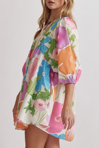 V-neck printed bubble sleeve mini dress
