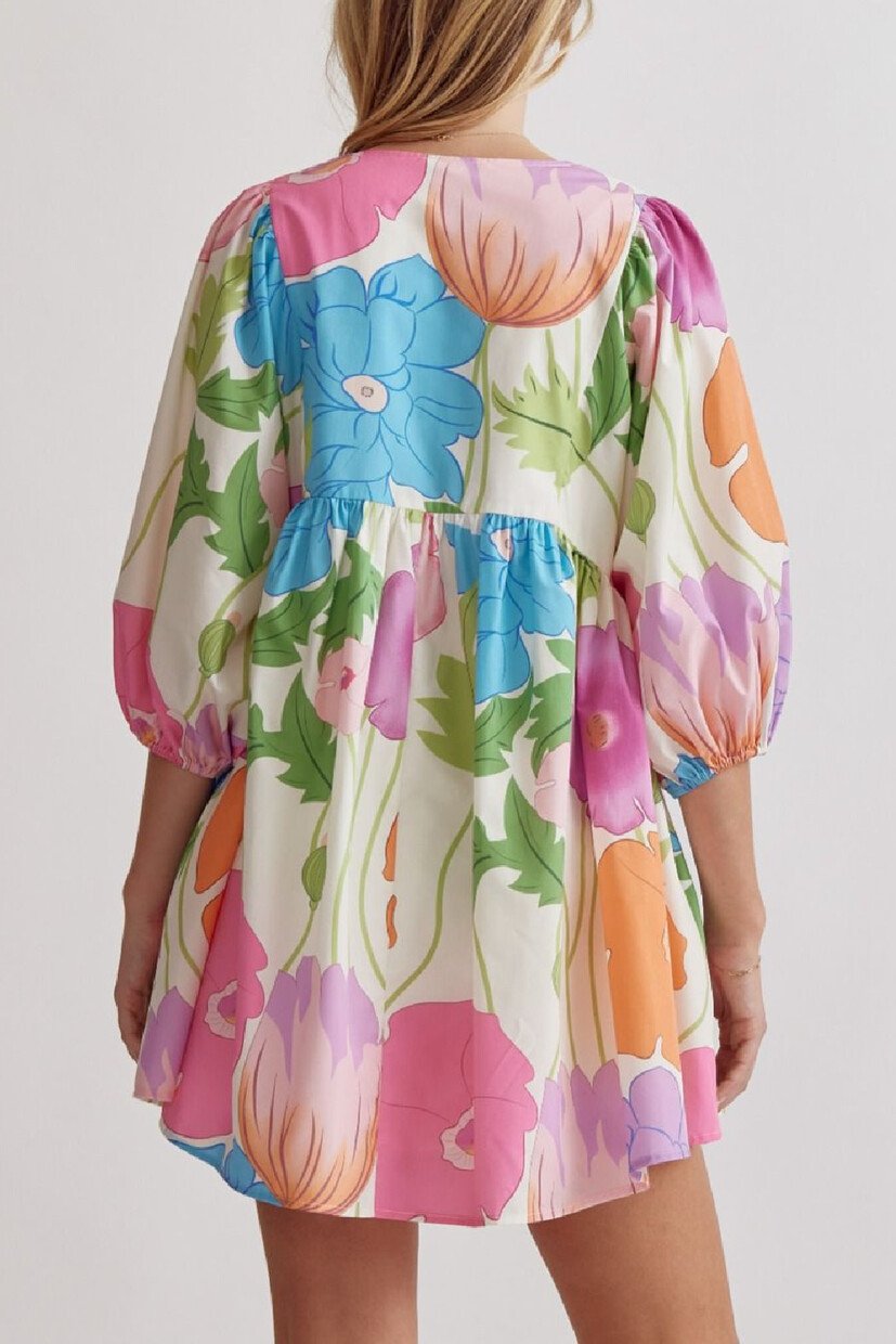 V-neck printed bubble sleeve mini dress