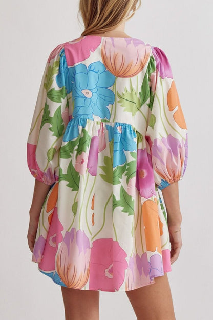 V-neck printed bubble sleeve mini dress