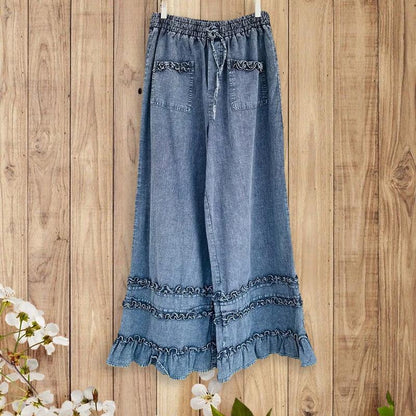 Vintage Ruffle Hem Wide Leg Denim Pants(BUY 2 FREE SHIPPING)