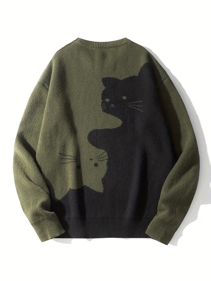Cartoon Cat Round Neck Long Sleeve Sweater Preppy Style