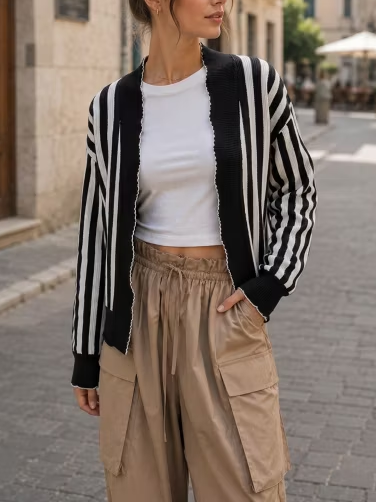Women Striped Scalloped Trim Open Front Knit Cardigan
