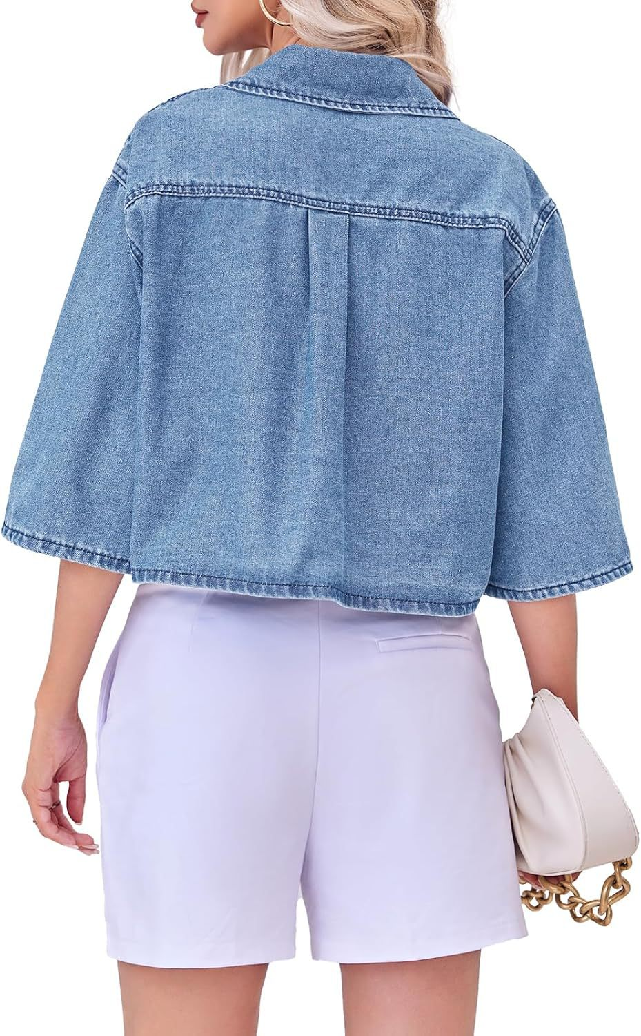 Women's Cropped Oversized Short Sleeve Denim Shirt