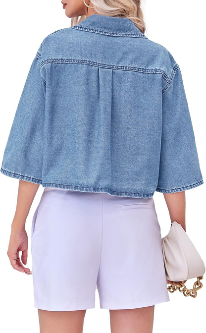 Women's Cropped Oversized Short Sleeve Denim Shirt