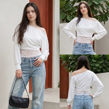 Y2K Off Shoulder Long Sleeve Top, Lace Waist Cutout Slim Crop Blouse
