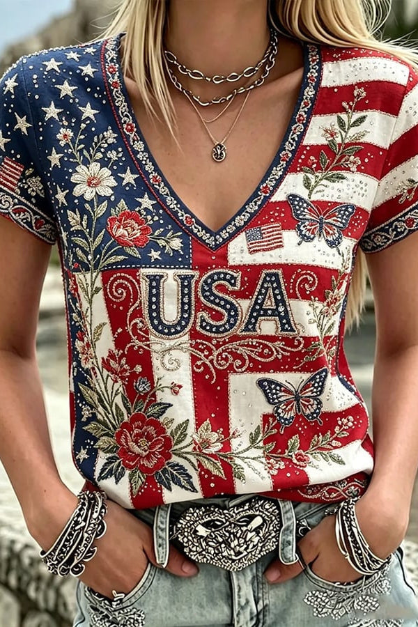 Women's Vintage Anniversary Flag Flower Art Print V Neck Linen Blend T-shirt