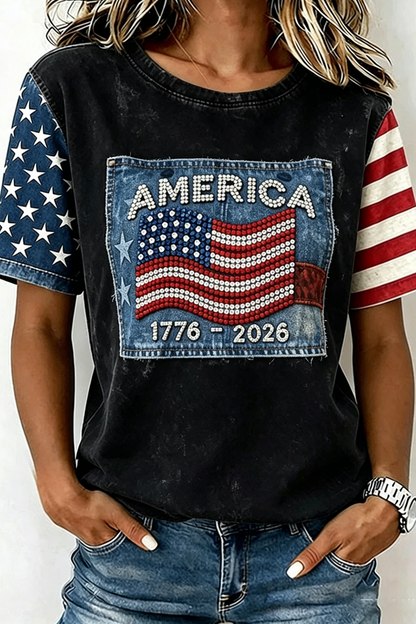 Women's Retro Independence Day Flag Printed T-shirt
