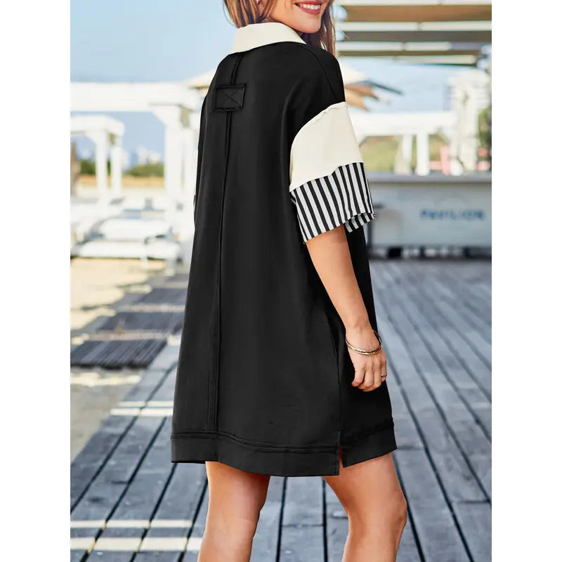 Women's Polo V Neck T Shirt Dress Casual Summer Oversized Color Block Short Sleeve Sweatshirt Mini Dresses