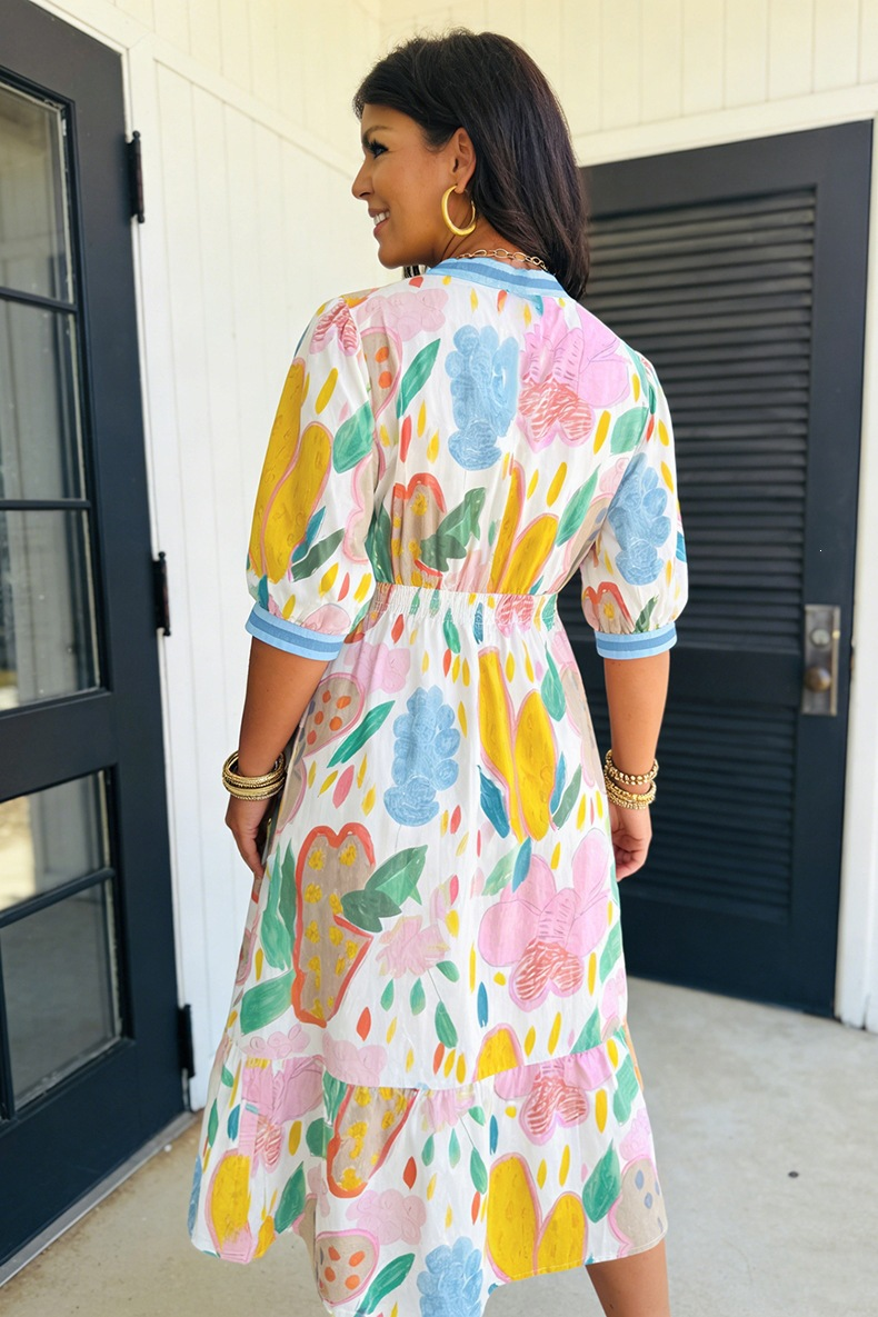 2026 Women's Watercolor Floral Elastic Waist Midi Dress