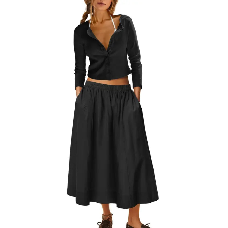 2 Piece Ribbed Cardigan & Wide Leg Skirt Set