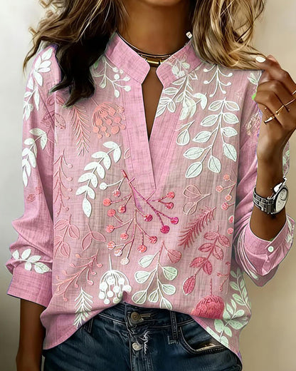 Vintage Botanical Leaf Print Notch Collar Long Sleeve Blouse