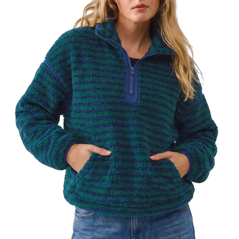 Women's Striped Fleece Pullover, Zip Stand Collar Fuzzy Sweatshirt