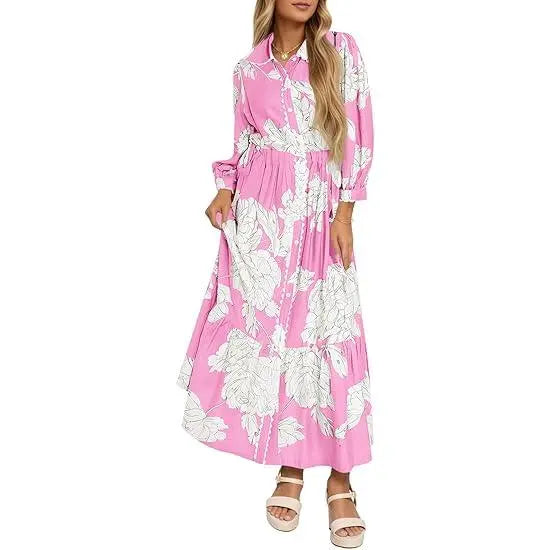 Women’s Maxi Shirt Dress Casual Floral Collared 3/4 Long Sleeve Drawstring Waist Fall Button Down Dresses