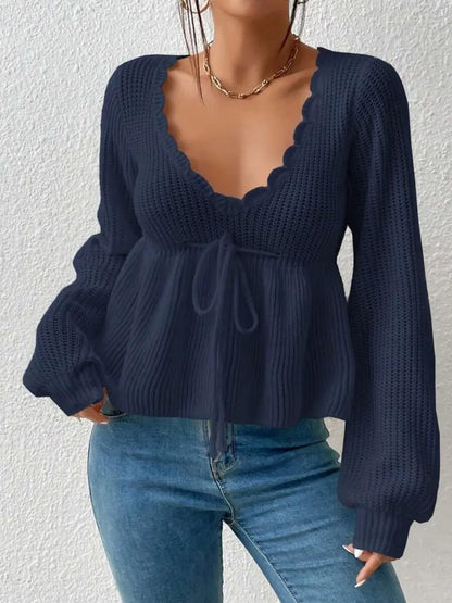 Women's Deep V-Neck Drawstring Tie Front Knit Crop Top, Scallop Trim Bishop Long Sleeve Peplum Sweater