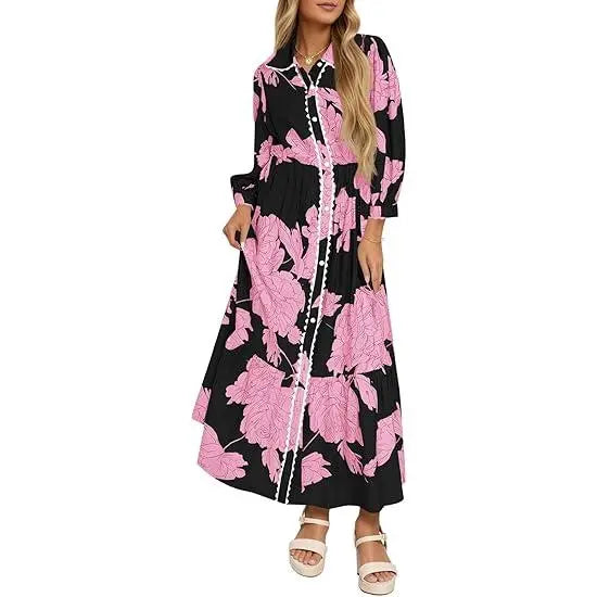 Women’s Maxi Shirt Dress Casual Floral Collared 3/4 Long Sleeve Drawstring Waist Fall Button Down Dresses