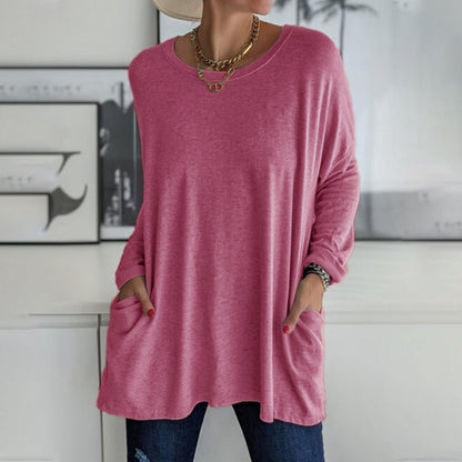 HOT SALE-Round Neck Long Sleeve Loose Pocket Solid T-Shirt