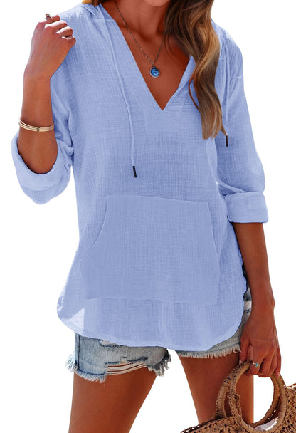 Women's Long Sleeve V Neck Pocketed Hooded Shirt Top