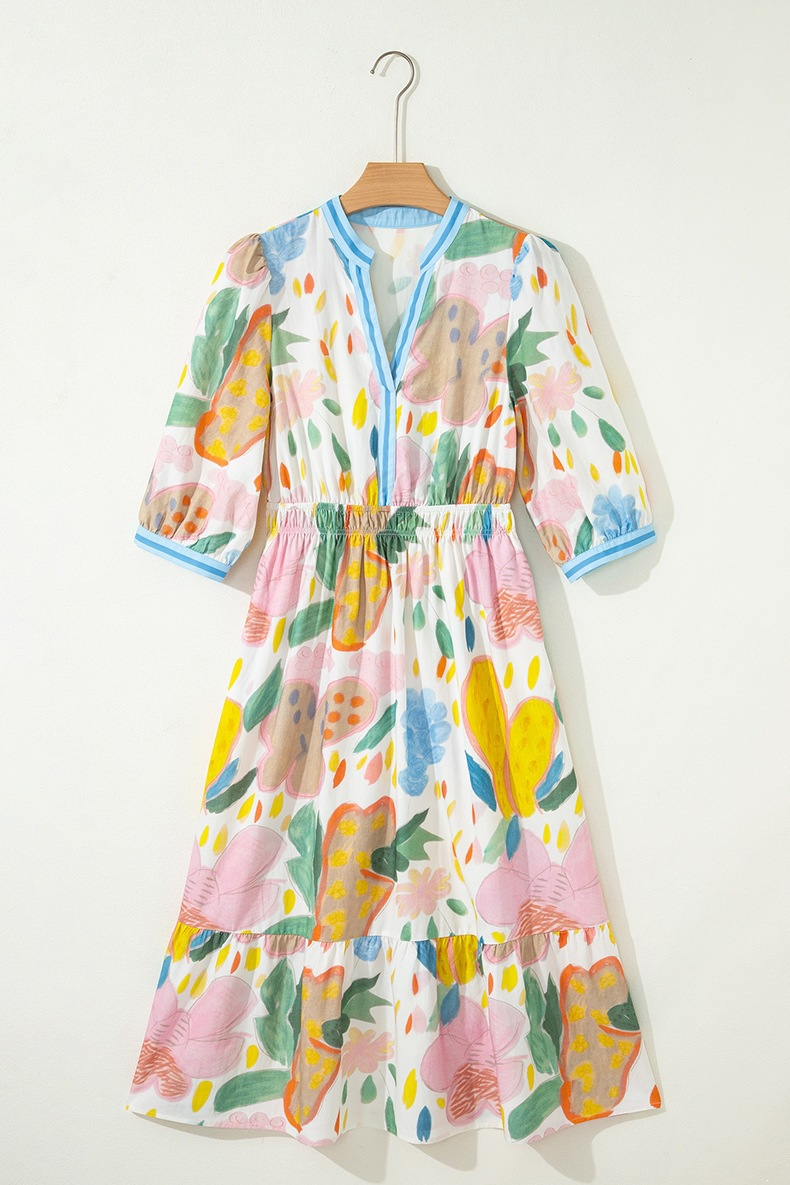 2026 Women's Watercolor Floral Elastic Waist Midi Dress