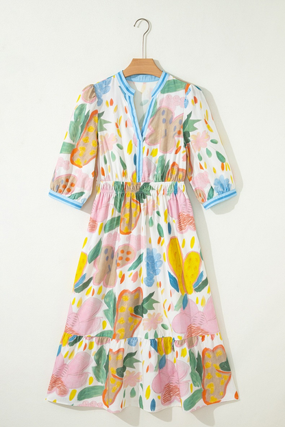 2026 Women's Watercolor Floral Elastic Waist Midi Dress