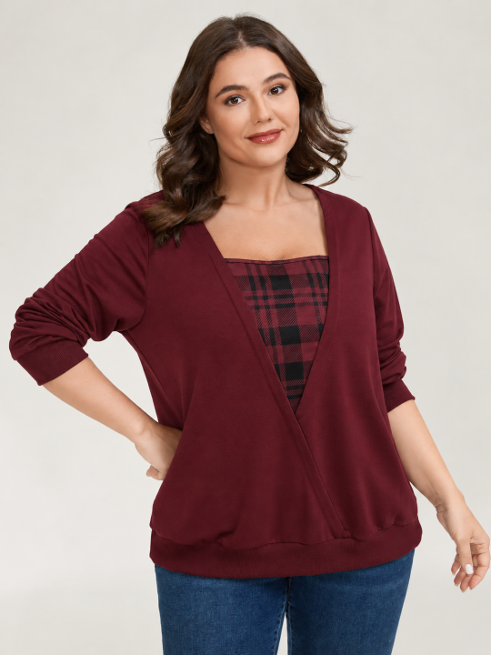 Plaid Spliced Fake Two Piece Square Neck Long Sleeve Top