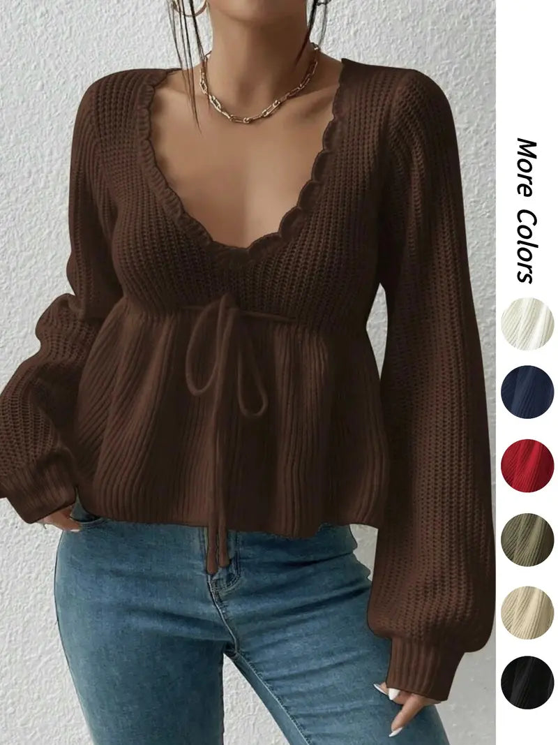 Women's Deep V-Neck Drawstring Tie Front Knit Crop Top, Scallop Trim Bishop Long Sleeve Peplum Sweater