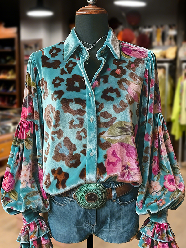 Leopard Floral Print Button Up Velvet Top