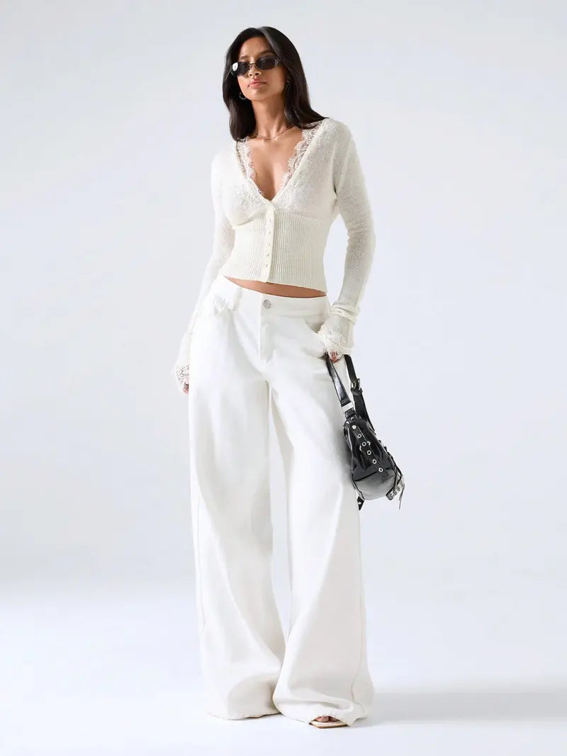 Women's Autumn Lace Trim V-Neck Knit Cardigan🔥